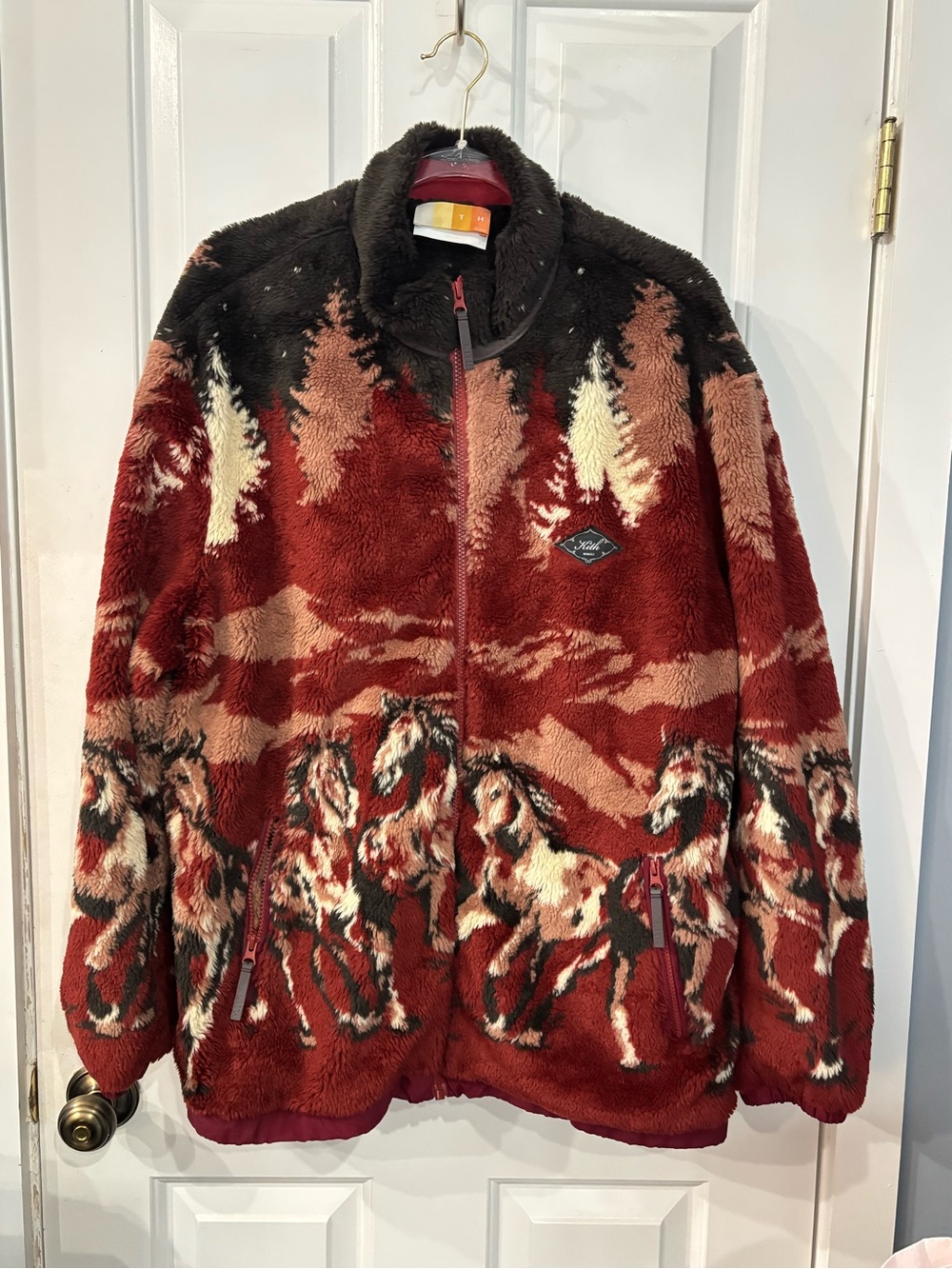 Kith Red Black Cream Horse-Pattern Puffer Fleece Jacket NEW